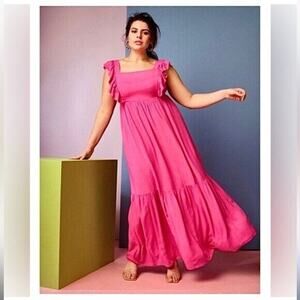 NEW Eloquii $120 Size 20 Plus Hot Pink Tiered Ruffle Maxi Boho Square Neck Dress